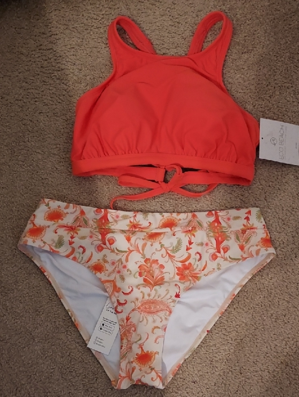 Coral High-Neck Women’s Bikini Set with Floral Fold-Over Bottom